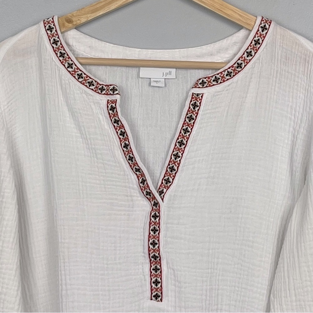 J.Jill white gauzy muslin cotton roll tab sleeve blouse top, large. - Picture 4 of 13